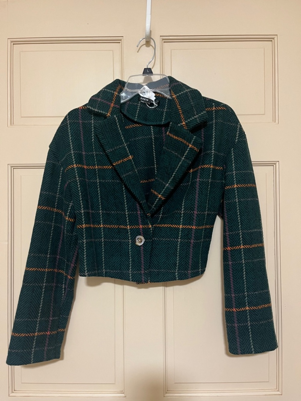 SHEIN Dark Green Plaid Cropped Blazer
